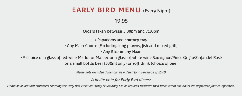 spice lounge early bird offer